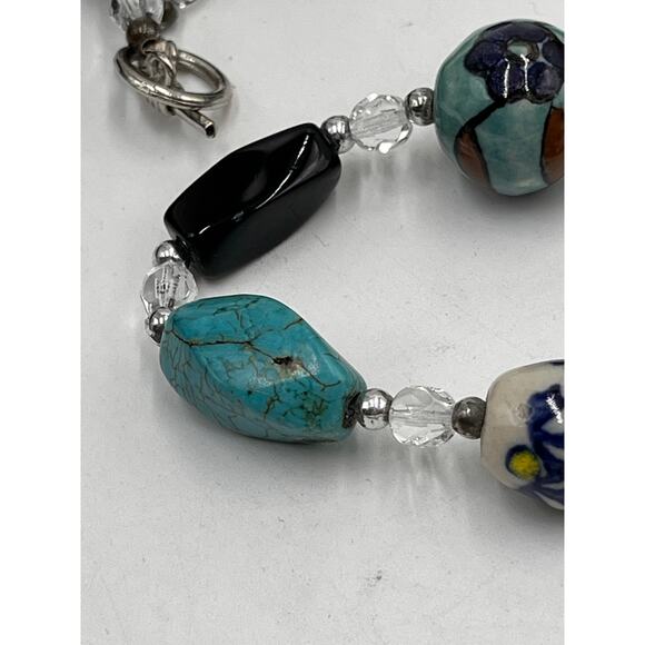 Turquoise, Black Onyx, Faceted Glass and Ceramic Beaded One Strand Necklace - Picture 11 of 12
